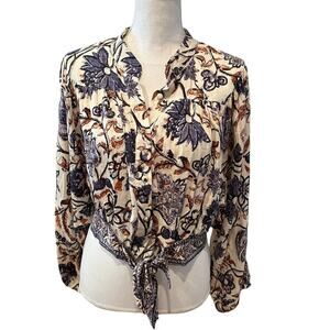 Nicole Miller Tie Front Dolman Sleeve Top Blue Boho Print XL